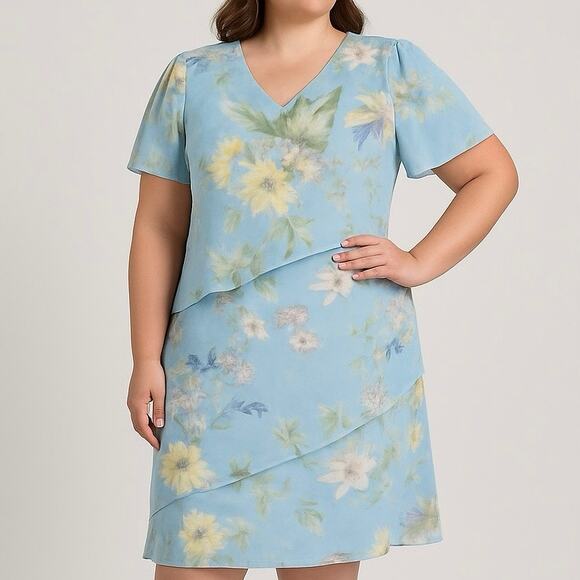 Vintage Sz 14P Floral Ruffle Tired 2 Piece Dress Skirt Set Blue Boho Chiffon - Picture 1 of 11
